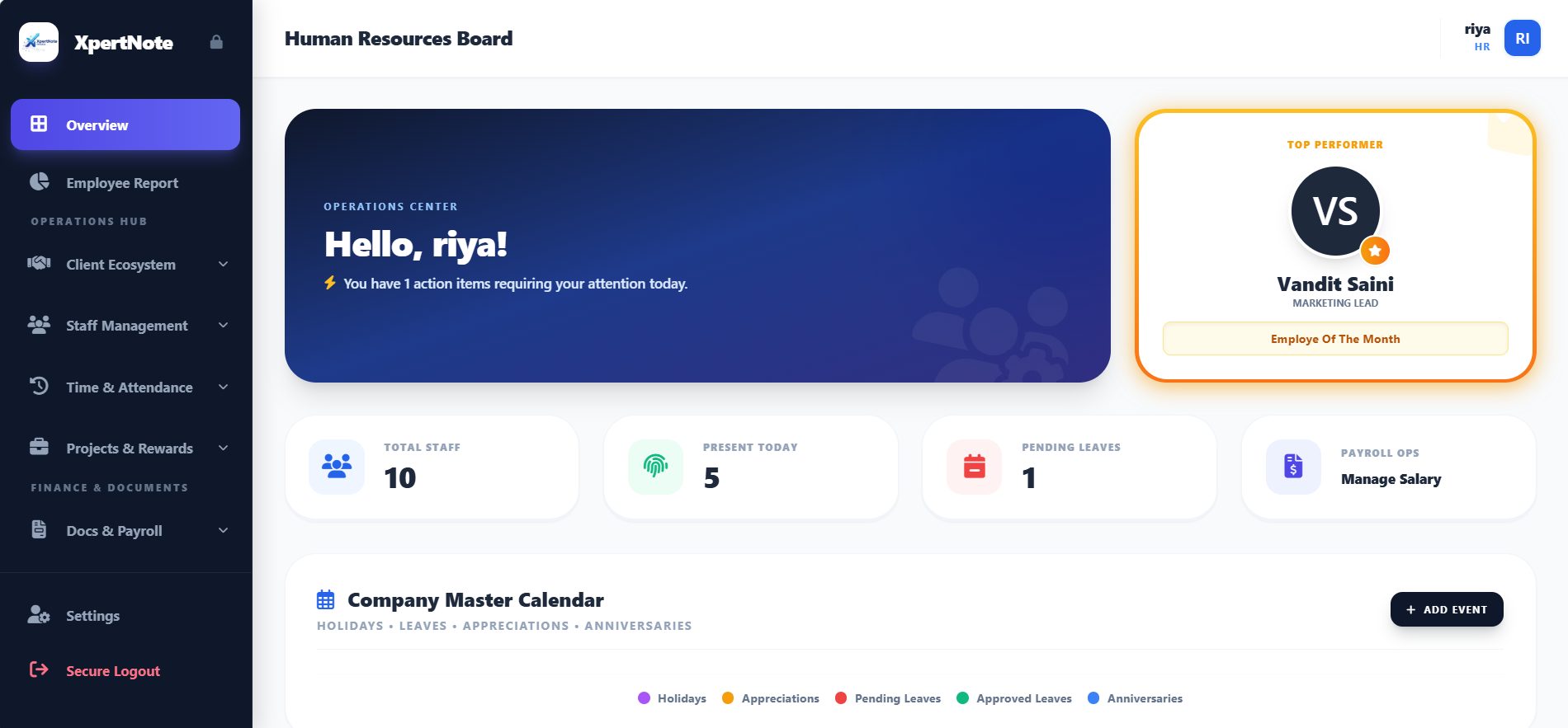 PulseHRM Dashboard Screenshot
