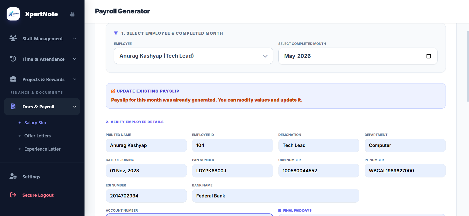 Attendance Module Screenshot